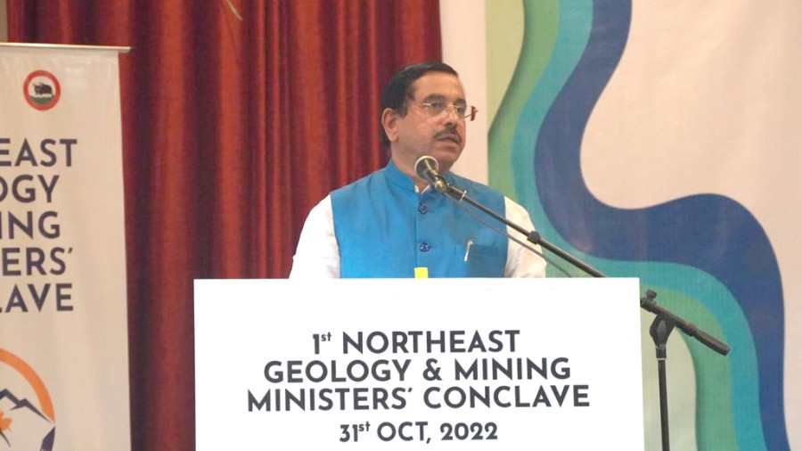 Union Minister Pralhad Joshi addressing the 1st North-East Geology and Mining Minister Conclave, at Niathu Resort, Chümoukedima on October 31. (Morung Photo)